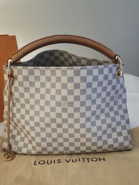 Authentic Louis Vuitton Damier Azur Tote with Tan Top Handle and Gold Hardware